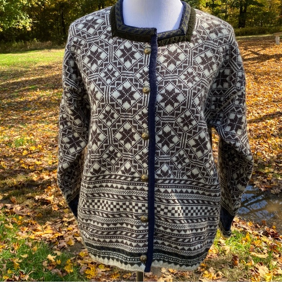 Oleana Sweaters - OLEANA NORWAY SWEATER CARDIGAN BROWN CREAM BLUE FAIR ISLE WOOL SQUARE NECK S